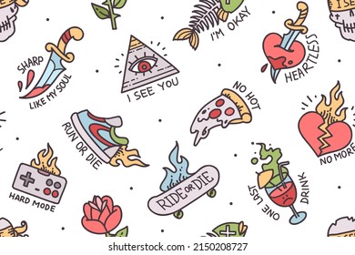 Old school simple tattoo designs print fabric seamless pattern. Doodle style Tattoo background with rockabilly elements, phrases and quots. Trendy Tattoo designs for tee print fabric