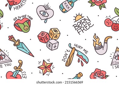 Old school simple tattoo designs print fabric seamless pattern. Traditional Tattoo background with rockabilly elements, phrases and quots. Trendy Tattoo designs for tee print fabric
