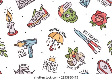 Old school simple tattoo designs print fabric seamless pattern. Doodle style Tattoo background with rockabilly elements, phrases and quots. Trendy Tattoo designs for tee print fabric