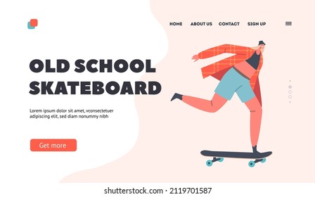 Old School Skateboard Landing Page Template. Skateboarding Outdoors Activity. Young Woman Riding on Skateboard Training Extreme Stunts. Skateboarder Female Character Sport. Cartoon Vector Illustration