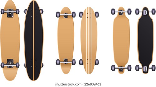 Old school Skateboard skate set, with cruiser board, longboard, trucks, urethane wheels, bolts, grip tape, skateboard deck, maple deck, maple deck board. Vector illustration.