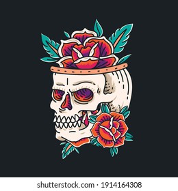 Skull de Old School con Ilustración del tatuaje de la flor rosa