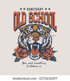 old school slogan with tiger and roses graphic vector illustration