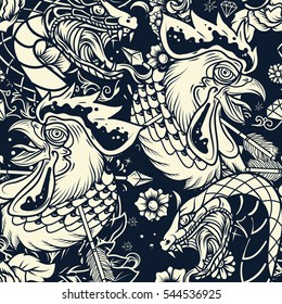 Old School Snake and Rooster Head Tattoo seamless Pattern