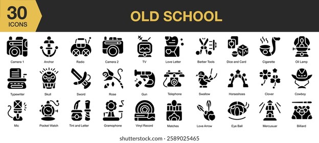 Old School soli icon set. Includes retro, old, school, vintage, traditional, and More. Solid icons vector collection.