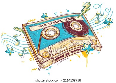 Old school sound - drawn colorful music audio cassette design