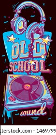 Old school sound - funky colorful drawn musical turntable and headphones