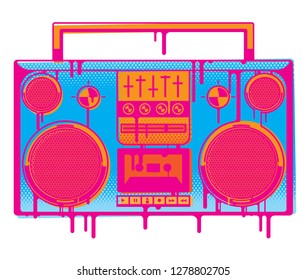 An old school stereo boom box in a stylised graffiti style with dripping paint.