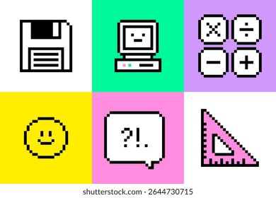 Old school study geometric pattern in pixel art. Y2k inspired grid design with 8 bit game style education icon of math, retro personal computer, calculator, smile. Abstract mosaic colorful background