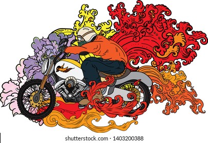 old school style and Japanese tattoo style.motorbike and big bike speed with fire tattoo.Sticker for print.