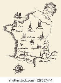 Old School Style Map Of France, Vintage Retro Design, Engraved Vector Illustration, Sketch