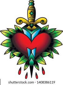 Old school style tattoo dagger through a heart with green leaves in the background. Editable vector illustration.