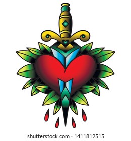 Old school style tattoo dagger through a heart with green leaves in the background. Editable vector illustration