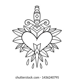 Old school style tattoo dagger through a heart with green leaves in the background. Editable vector