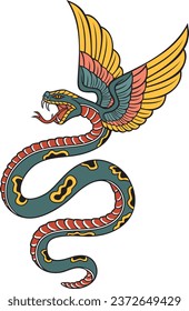 Old School Style Tattoo Flying Snake with Wings Design. Vector Illustration.