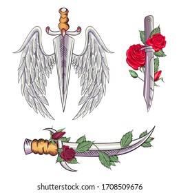 Old school styled tattoo of a dagger through rose. Editable vector illustration.