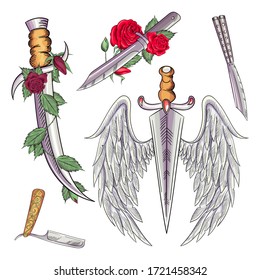 El tatuaje de una daga al estilo de la vieja escuela a través de la rosa. Ilustración vectorial editable.