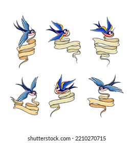 Old School Swallow with Banner or Ribbon Vector Set