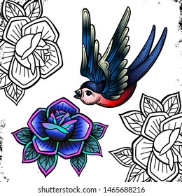 Old school swallow and blue rose. Vector isolated