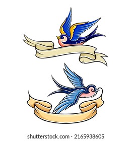 Old school swallow with bright blue feathers flying with ribbon set hand drawn vector illustration