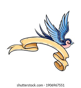 Old School Swallow with Bright Feathers and Ribbon Swirl Vector Illustration