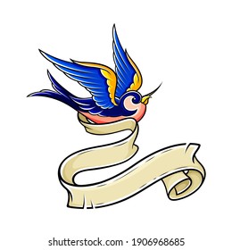 Old School Swallow with Bright Feathers and Ribbon Swirl Vector Illustration