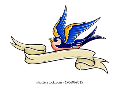 Old School Swallow with Bright Feathers and Ribbon Swirl Vector Illustration