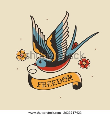 Old School Swallow tattoo vector for apparel print design. Tradition Tattoo swallow bird with "freedom" inscription. Vintage Freedom tattoo Sticker. Old school tattoo illustration