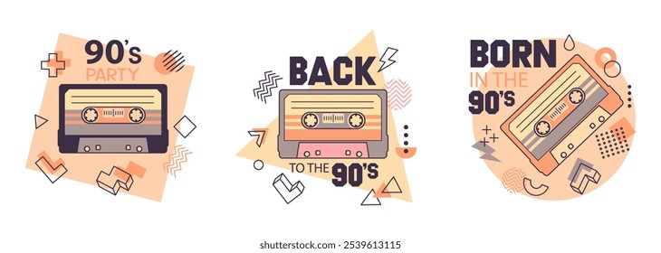 Pegatinas de cinta de la vieja escuela. Insignias de casete de audio de música retro de los años 90, cintas de canciones de cultura pop conjunto de Ilustración vectorial plana. Diseño de casete de audio de música de dibujos animados