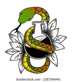 Old school tatoo design with snake and jar of poison 