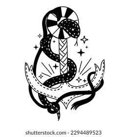 old school tattoo. Anchor. Sea snake. A snake wraps around an anchor.astrology tattoo style