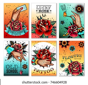Old school tattoo art roses and hands mini cards banners. Old school tattoo cards. Vector illustration svg