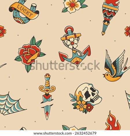 Old school tattoo background for apparel print design. Traditional tattoo seamless pattern of  old school rock elements set of  elements set of skull head, anchor, torch, rose flower, lucky horseshoe
