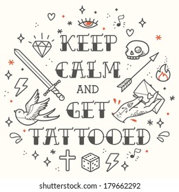 Old School Tattoo. Cartoon Vector Tattoo Elements In Funny Style: Dagger, Skull, Heart, Diamond, Scull And Swallow. Doodle In Exercise Book Style 