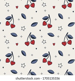 Old school tattoo cherry seamless pattern. Rock'n'roll summer textile, wrapping or scrapbook digital paper with hearts, leaves and stars. Traditional retro vintage style for endless hipster ornament