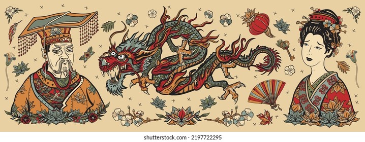 Old school tattoo collection. Ancient China. Chinese dragon, emperor, queen in traditional costume, fan, red lantern, lotus flower. History and culture. Asian art. Traditional tattooing style