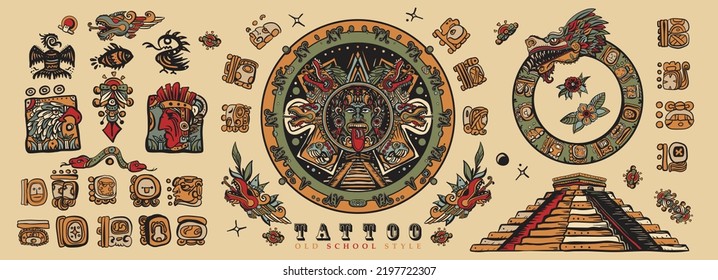 Old School Tattoo Collection. Ancient Maya Civilization. Mayan, Aztecs, Incas. Sun Stone, Pyramids, Glyphs Kukulkan. Mexican Mesoamerican Culture. Traditional Tattooing Style