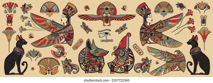 Colección de tatuajes de la vieja escuela. El Antiguo Egipto. Elementos de cultura y religión egipcia. Dios Ra, Anubis, gatos negros con pañuelos, ojo Horus. Estilo tradicional de tatuaje