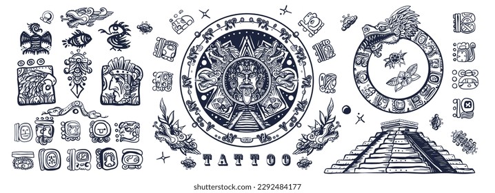 Old school tattoo collection. Ancient Maya Civilization. Mexican mesoamerican culture. Traditional tattooing style. Mayan, Aztecs, Incas. Sun stone, pyramids, glyphs Kukulkan