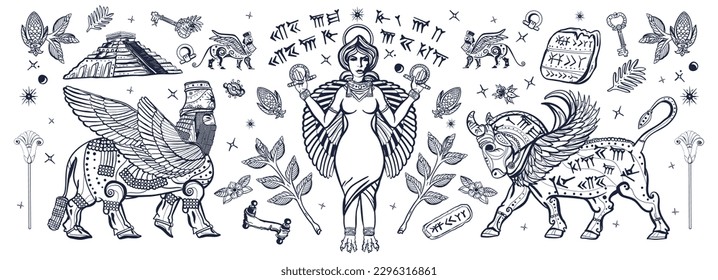 Colección de tatuajes de la vieja escuela. Antigua Civilización Sumeriana. Diosa mesopotámica. Ishtar y Lamassu. Escritura en forma de ciggurat. Cultura asiria. Leyendas Gilgamesh estilo blanco y negro