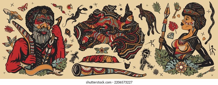 Colección de tatuajes de la vieja escuela. Australia. Mujer de etnia australiana con traje tradicional. Matrimonios de tribus aborígenes. Boomerang, canguro, didgeridoo, mapa. Tradición, gente, cultura