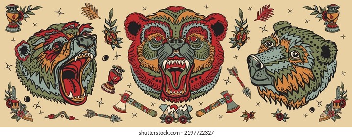 Old School Tattoo Collection. Bear Head. Aggressive Grizzly, Traditional Tattooing Style