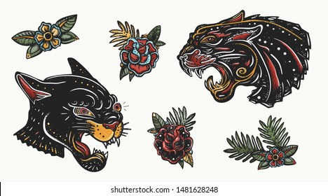 Old school tattoo collection. Black panthers. Wild cats. Traditional tattooing style 