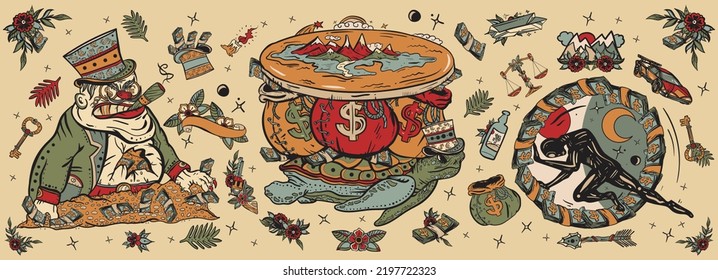 Old school tattoo collection. Capitalism. Wealth and poverty. Old school tattoo vector collection. Angry boss capitalist, flat Earth, turtle and bags of money. Hamster wheel, mortgages, loans, taxes