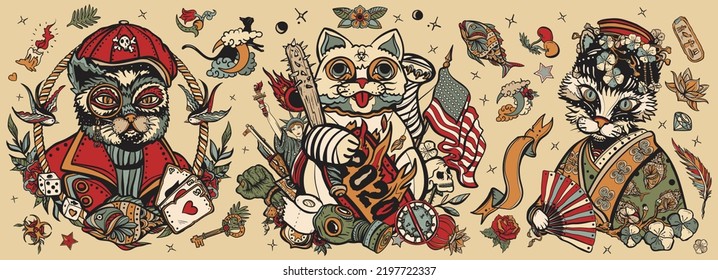 Old school tattoo collection. Cats. Unlucky lucky cat, symbol 2020 world crisis concept. Portrait of kitty geisha princess. Traditional tattooing style. Funny pets art, animals hand drawn
