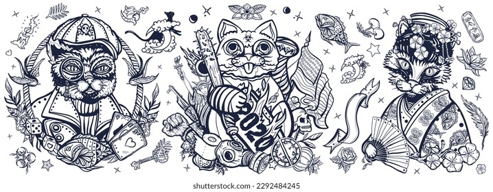 Old school tattoo collection. Cats. Unlucky lucky cat. Portrait of kitty geisha princess. Traditional tattooing style. Funny pets art, animals hand drawn