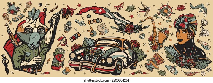 Old school tattoo collection. Cuba. Havana retro cars. Revolutionary communist, map, beautiful cuban woman, cigar, rum. History and culture, island of freedom. Traditional tattooing style