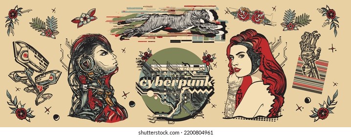 Old school tattoo collection. Cyberpunk. Cyborg, robot girl, web camera and running cheetah, glitch style. Dark future art. Traditional tattooing style