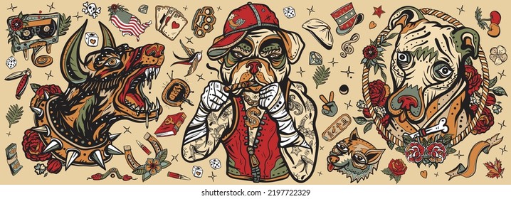 Old school tattoo collection  Dogs  Evil doberman  street crime boxer bulldog  honey staffordshire terrier  Canine art  Traditional tattooing style  Cartoon character