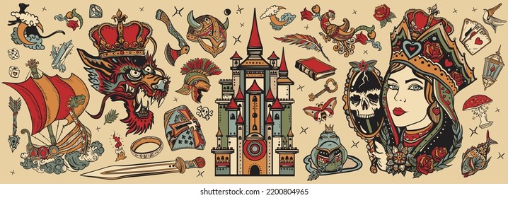 Old school tattoo collection. Fairy tales. Medieval castle, queen in the golden, crown, dragon, knight, viking boat, sword and princess frog. Middle Ages magic legends. Fantasy tattooing style